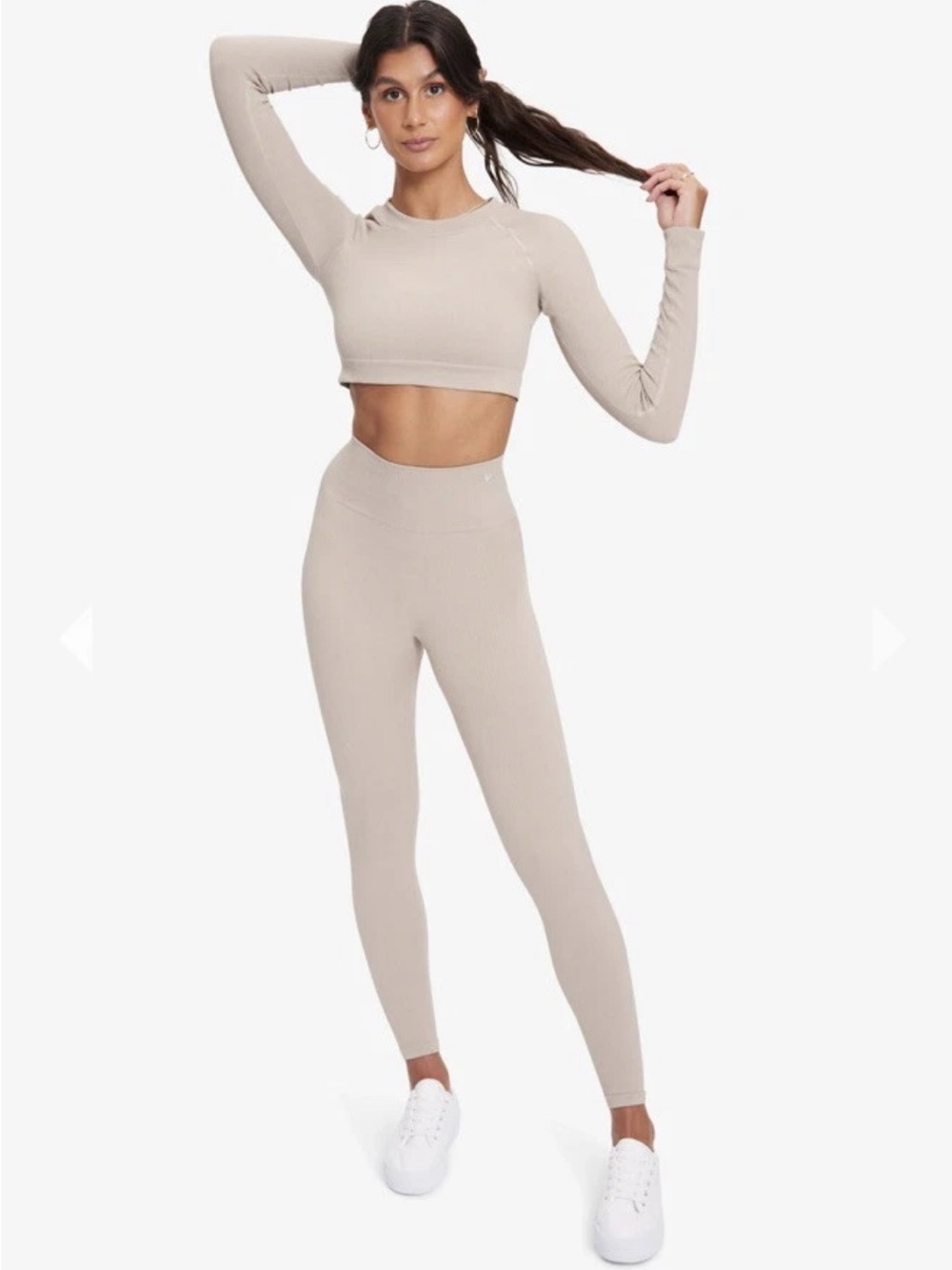 High-Rise Ribbed Leggings in Beige — Women's Active Leggings